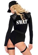 Kvinnelig SWAT-betjent, kostymeundertøysbody, lange ermer, skulderbeskyttelse, glidelås på forsiden